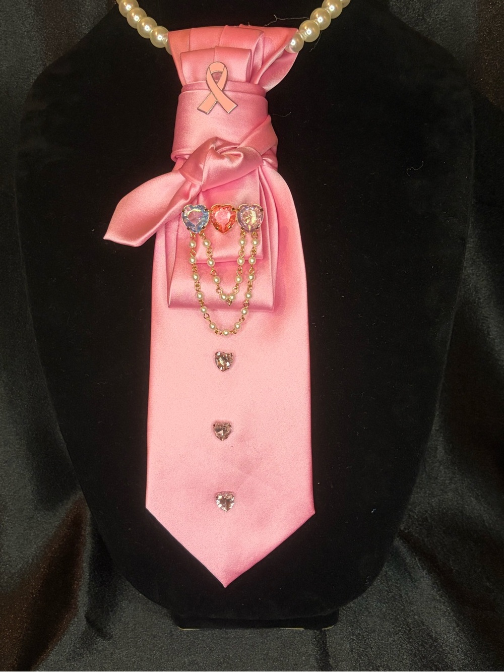 Pink Satin Ribbon Necktie with Crystal Pins and Chain